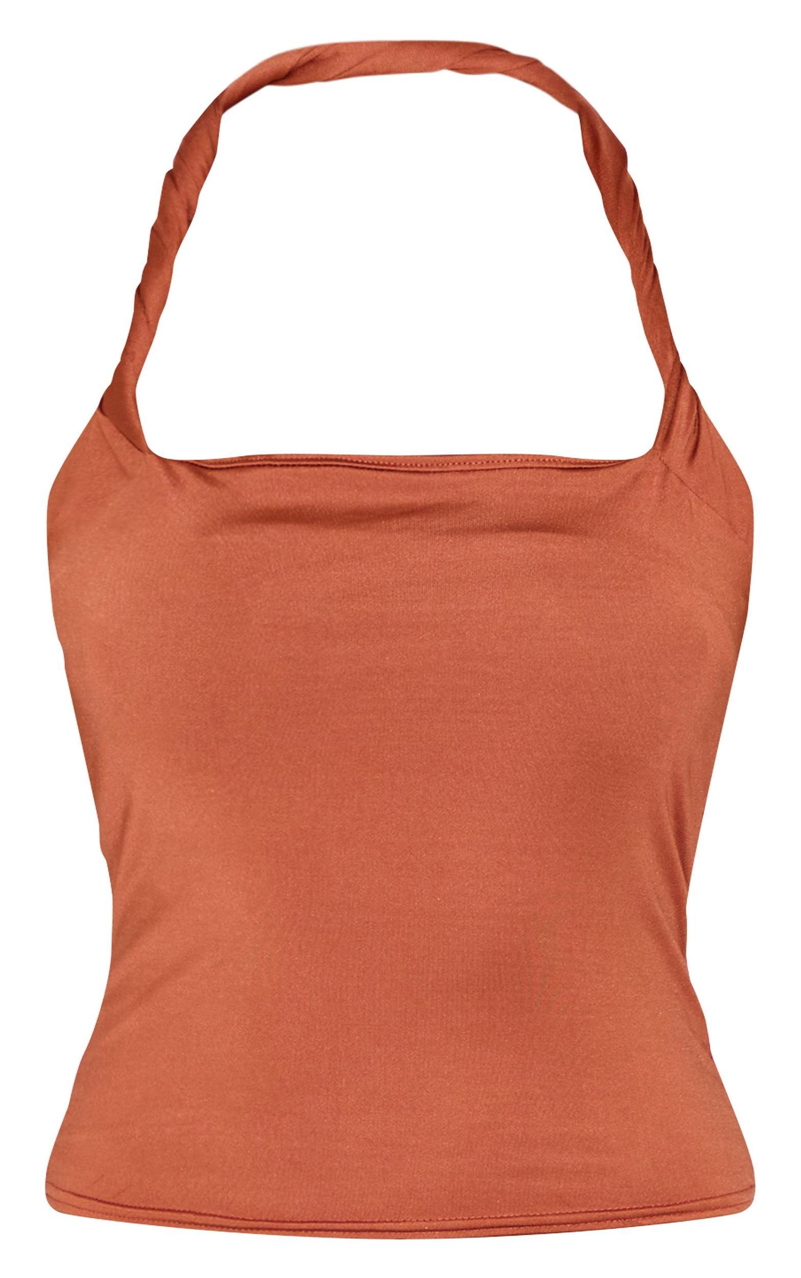 Burnt Orange Halter Neck Twist Strap Detail Crop Top Product Image