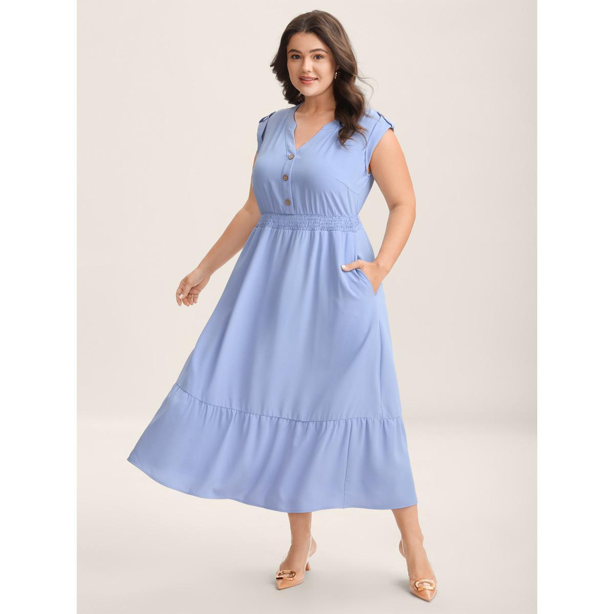 Plus Size Shirred Waist Button Detail Pockets Midi Dress LightBlue Women Notched collar Cap Sleeve Curvy BloomChic 26/4X Product Image