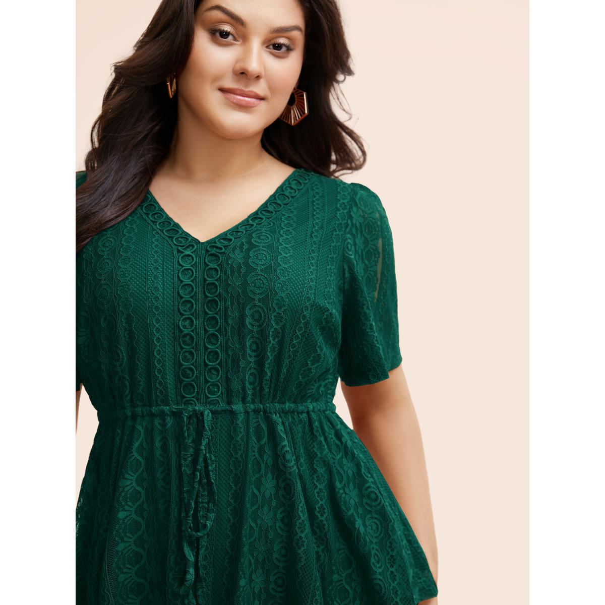 Plus Size DarkGreen V Neck Lace Panel Drawstring Blouse Women Romantic Short sleeve V-neck Elegant Blouses BloomChic 26/4X Product Image