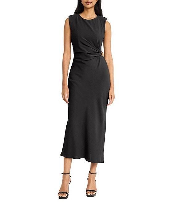 Donna Morgan Crew Neck Sleeveless Ruched Waist Sheath Midi Dress Product Image