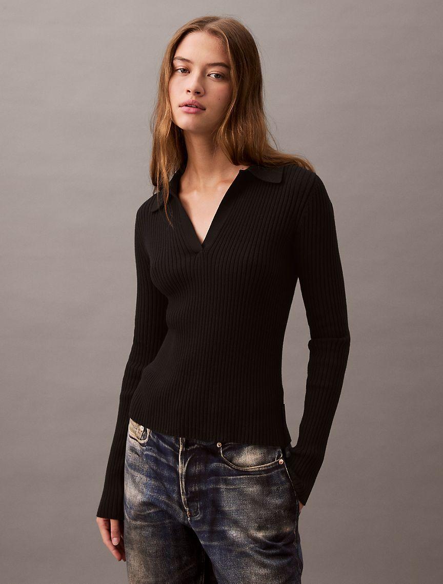 Smooth Cotton Rib Long Sleeve Polo Sweater Product Image