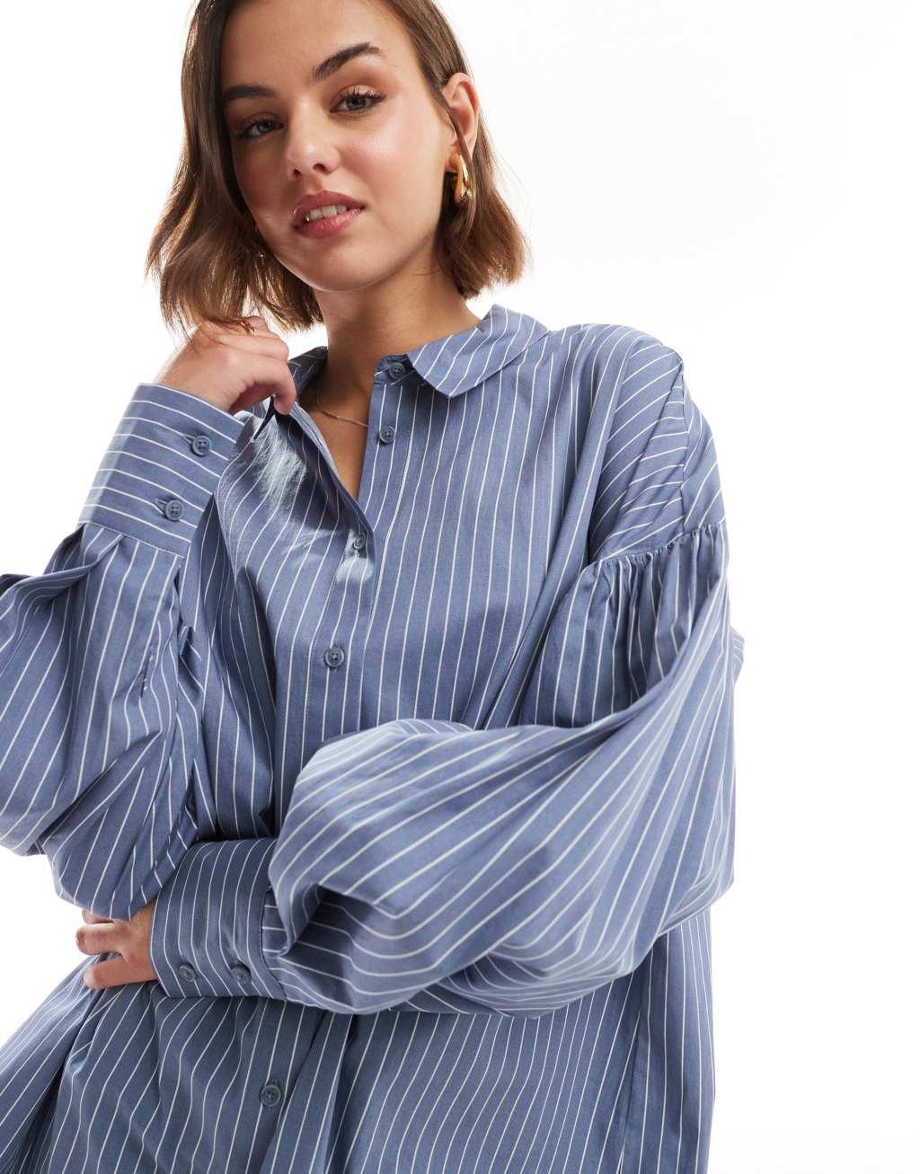 ASOS DESIGN boyfriend shirt mini dress with blouson sleeve in blue pinstripe Product Image