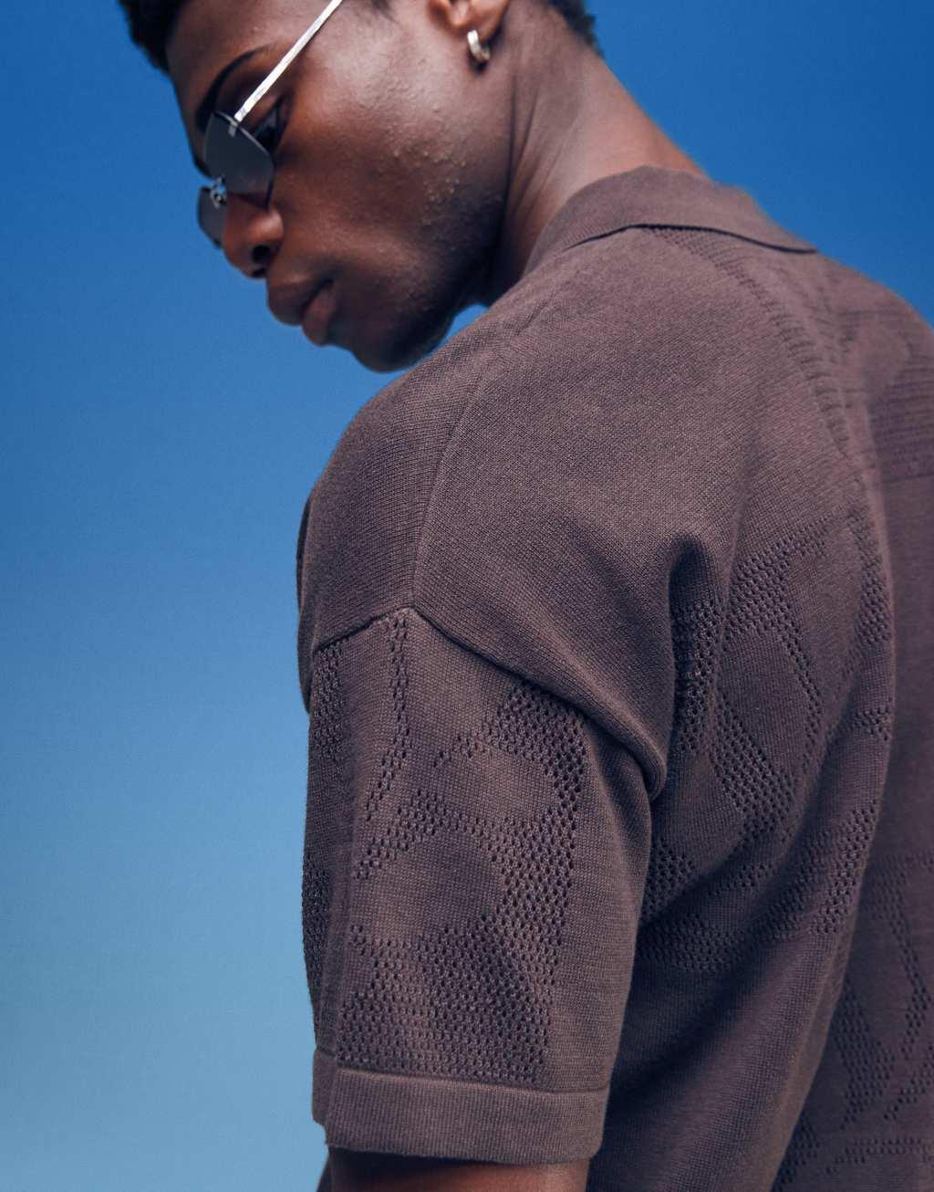 ASOS DESIGN relaxed floral textured button down polo shirt in brown Product Image