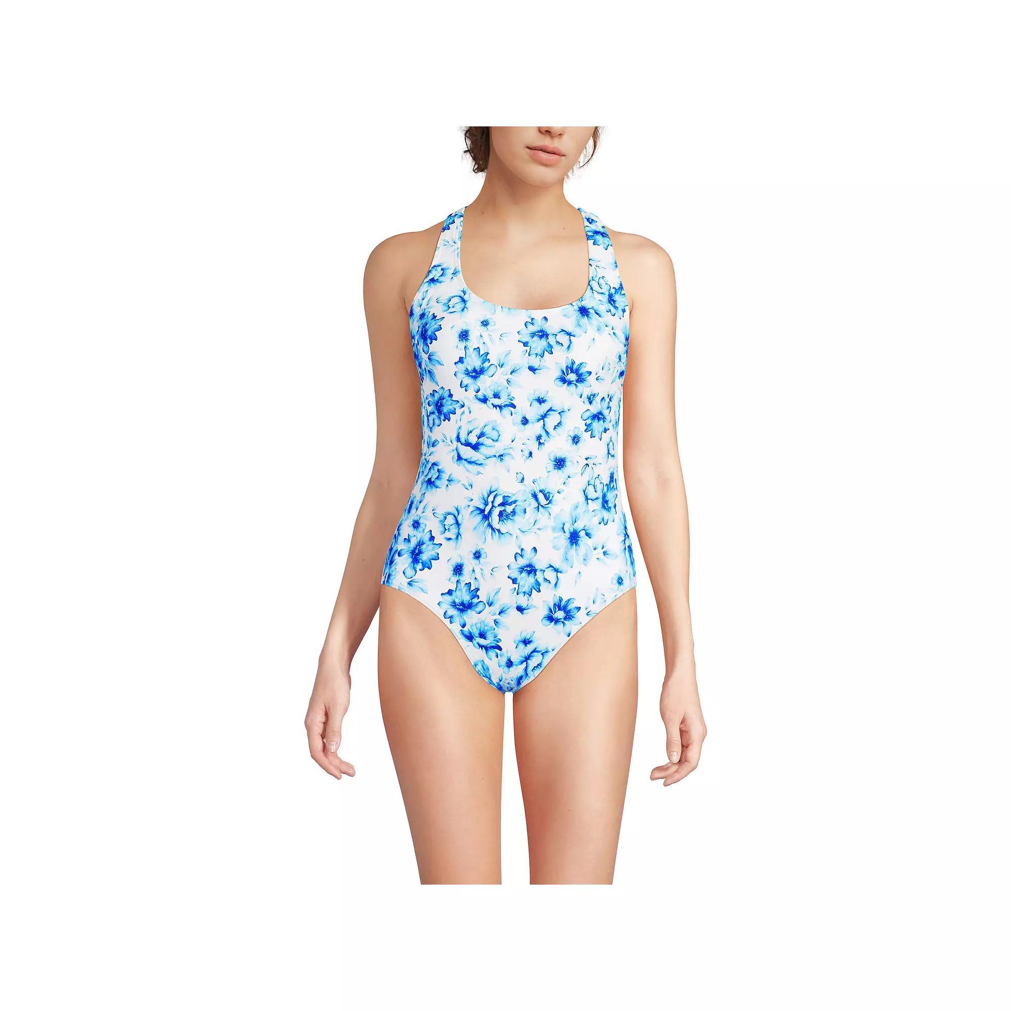 Women's Lands' End Long Torso X-Back High Leg Tugless One Piece Swimsuit, Size: 12 LONG, Black Plumeria Product Image