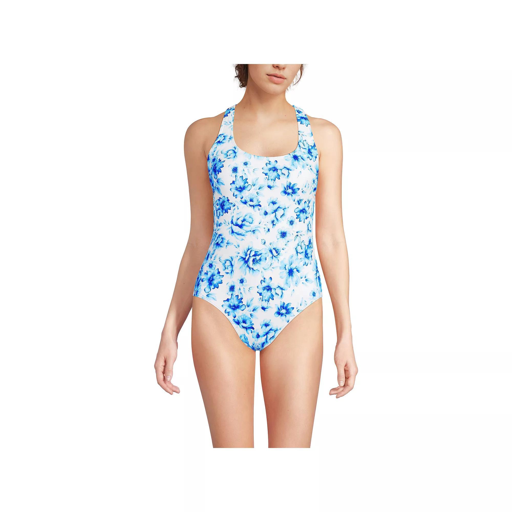 Women's Lands' End Long Torso X-Back High Leg Tugless One Piece Swimsuit, Size: 12 LONG, Black Plumeria Product Image