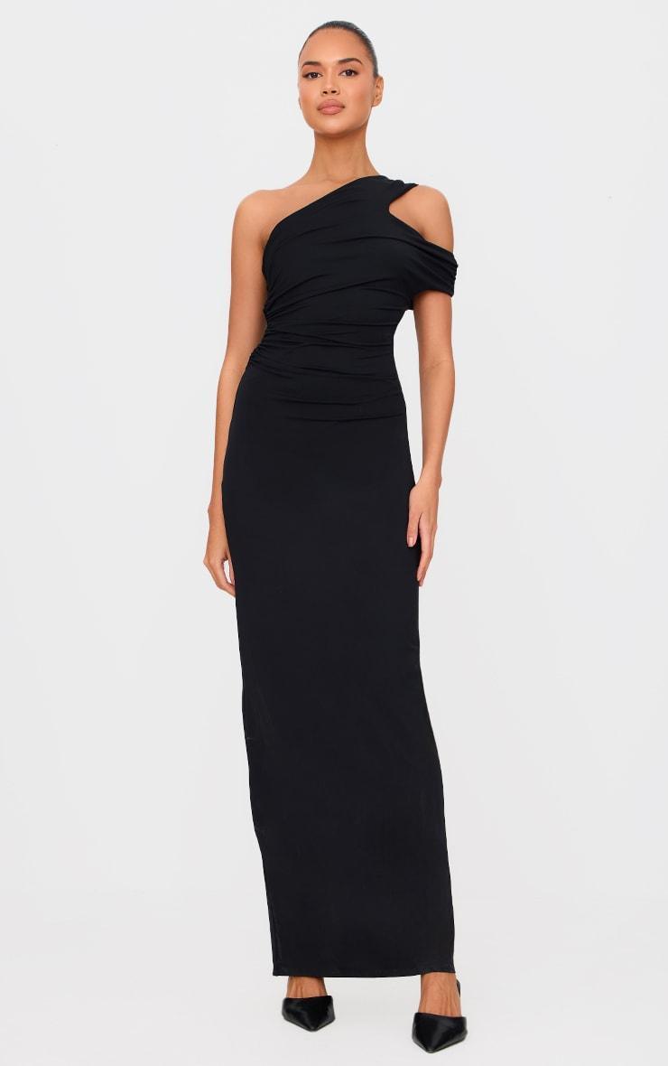 Black Double Layer Asymmetric Off Shoulder Maxi Dress Product Image