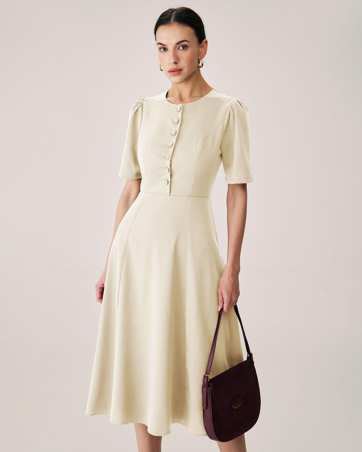 Beige Puffed Sleeve Button Midi Dress Product Image