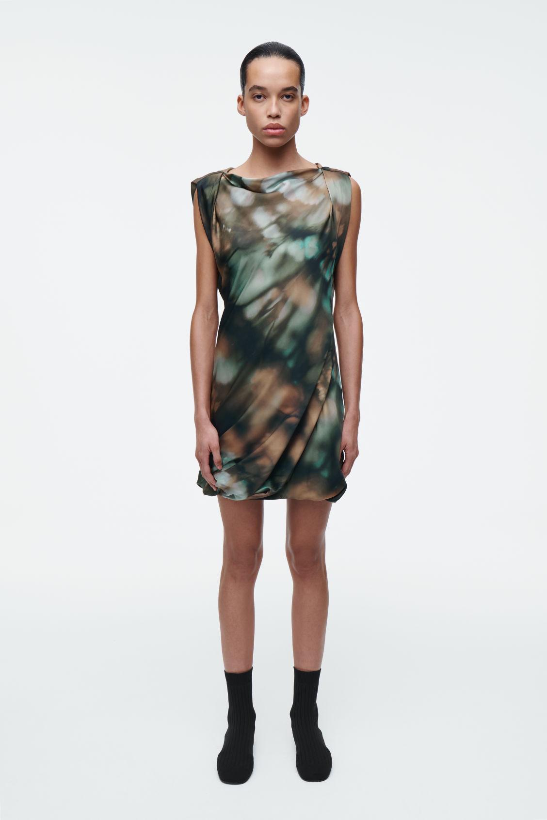 PRINTED DRAPED SILK DRESS Product Image
