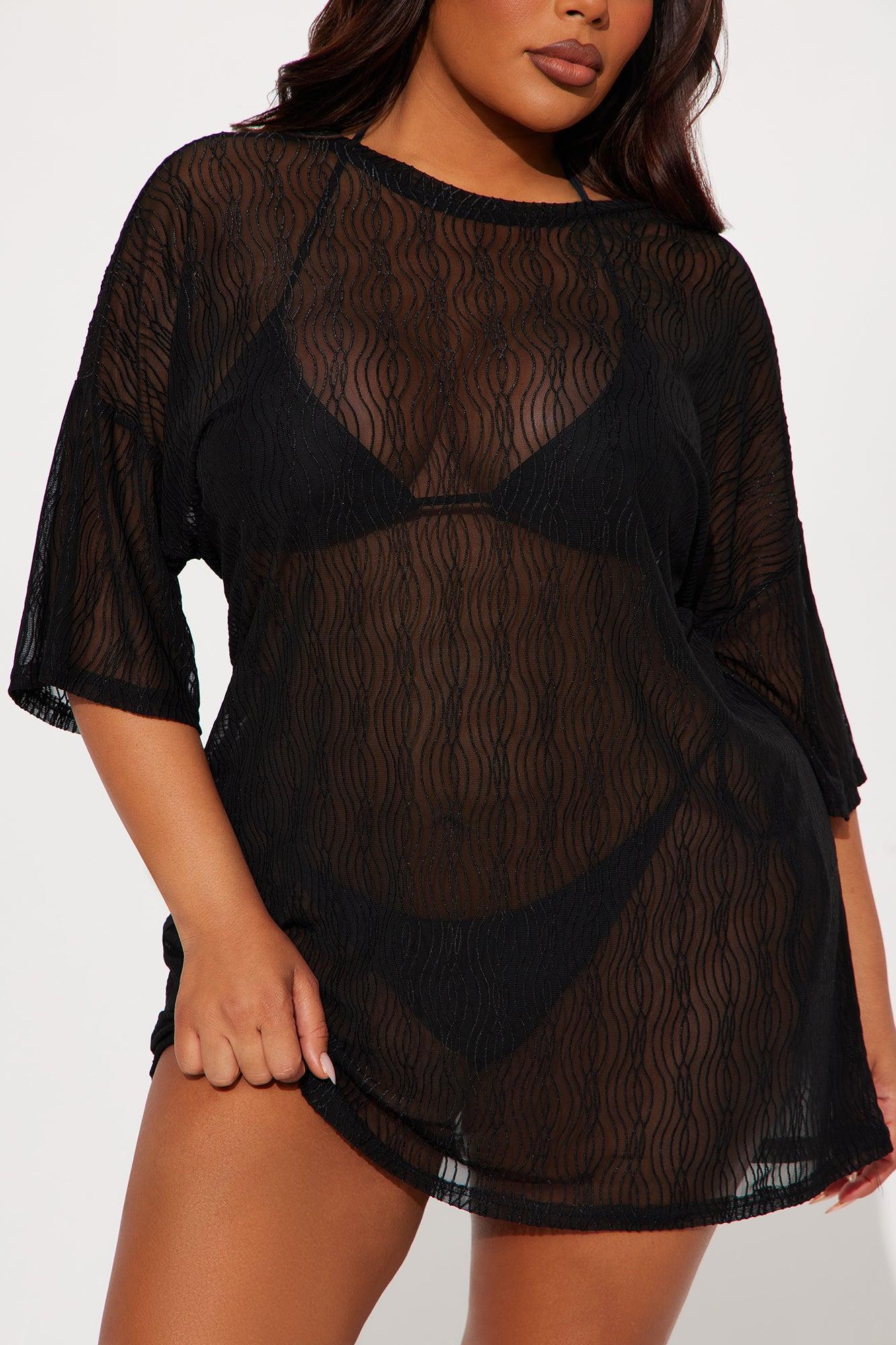 Summer Wave Textured Mesh Cover Up Dress - Black Product Image