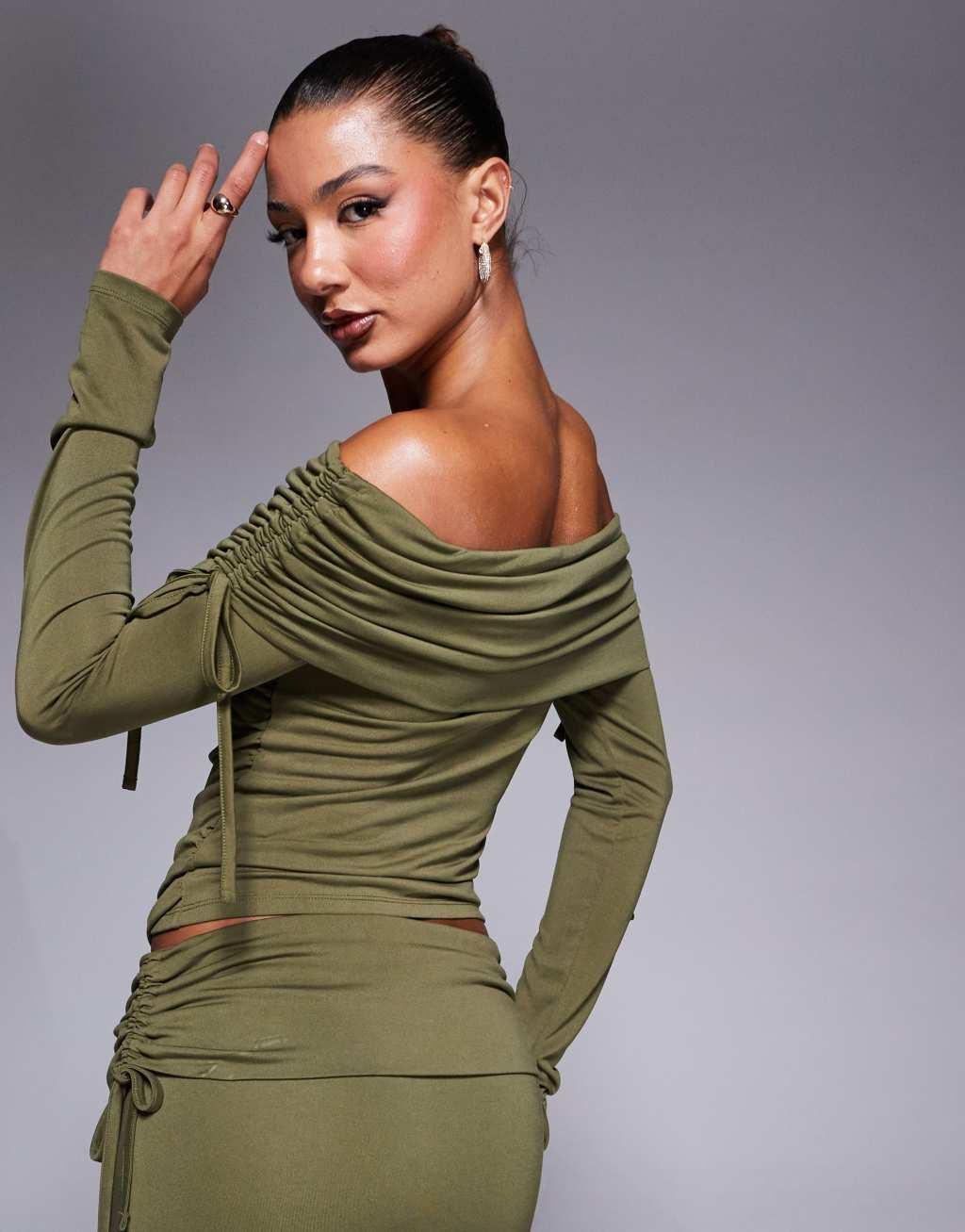 ASOS DESIGN soft handle off the shoulder ruched long sleeve top in olive Product Image