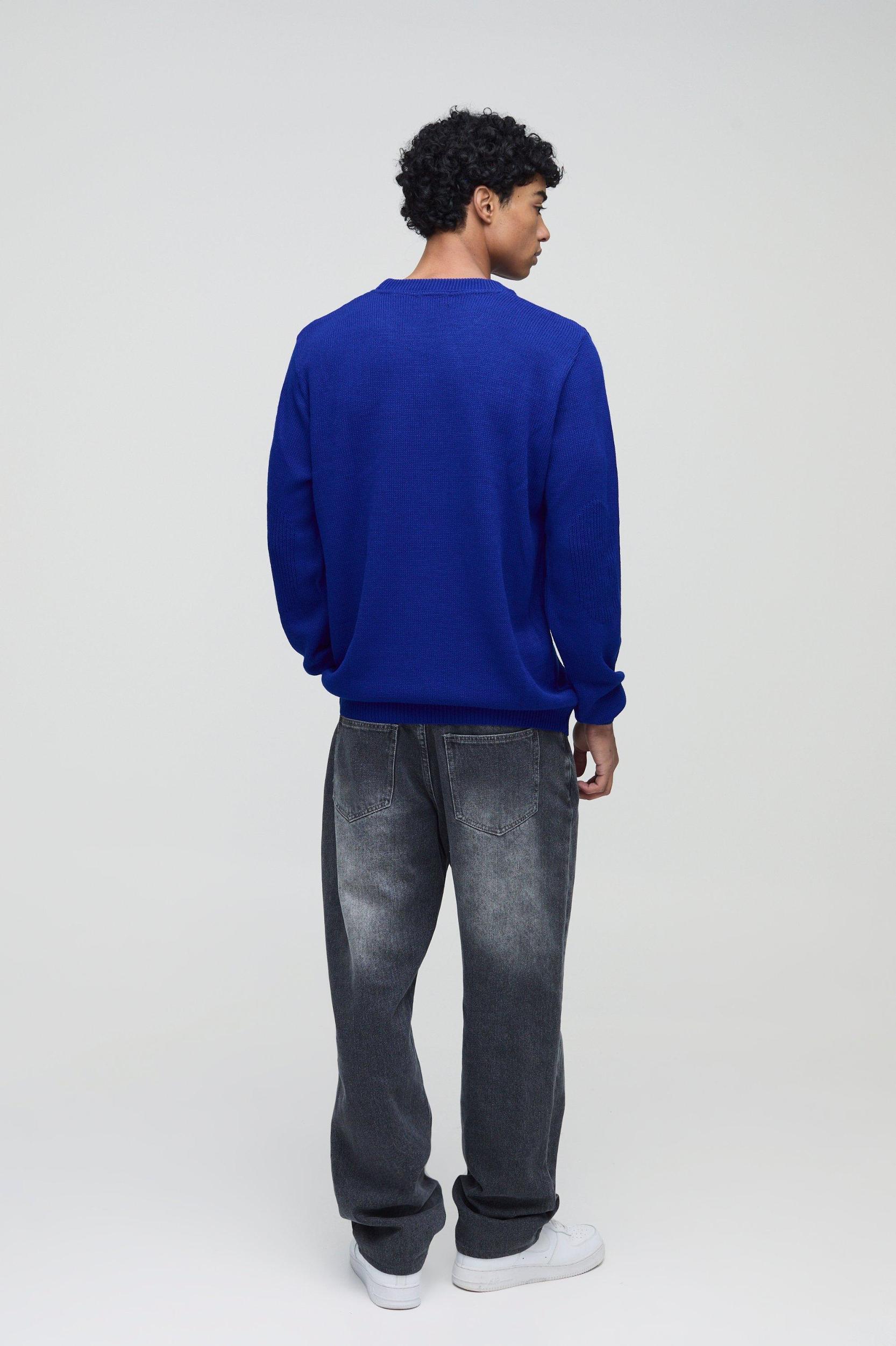 Regular Fit Ribbed Panel Elbow Patch Crew Knitted Sweater | boohooMAN USA Product Image