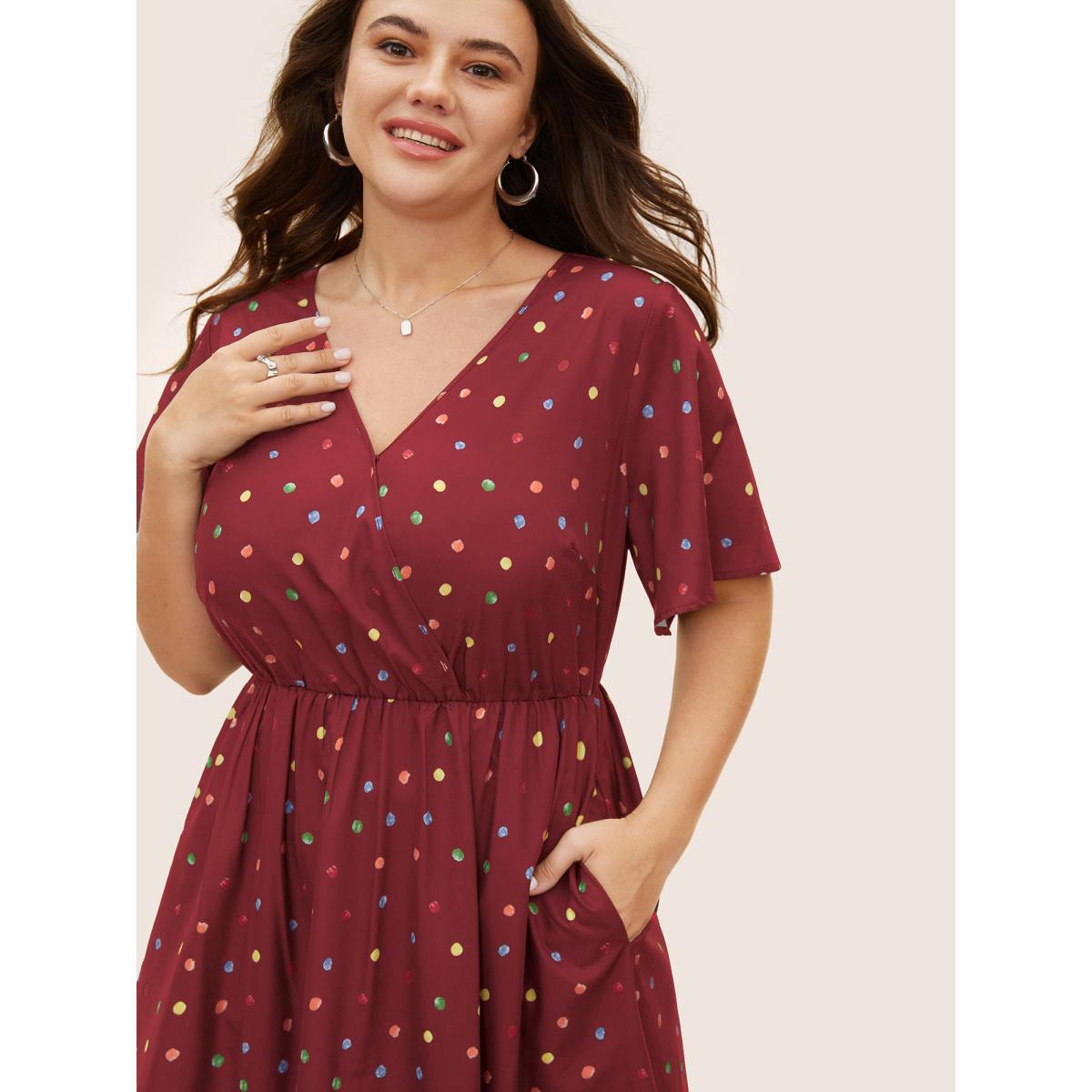 Plus Size Colored Polka Dot Overlap Collar Midi Dress DarkGreen Women Elegant Contrast Overlap Collar Short sleeve Curvy BloomChic 10/M Product Image