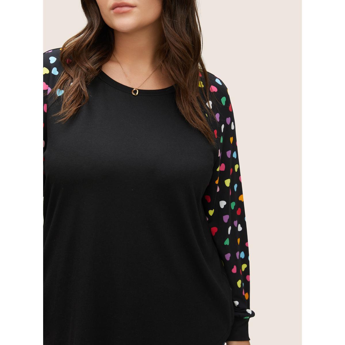 Plus Size Colour Heart Print Raglan Sleeve T-shirt Black Women Timeless Non Heart Print Round Neck Elegant T-shirts BloomChic 26/4X Product Image