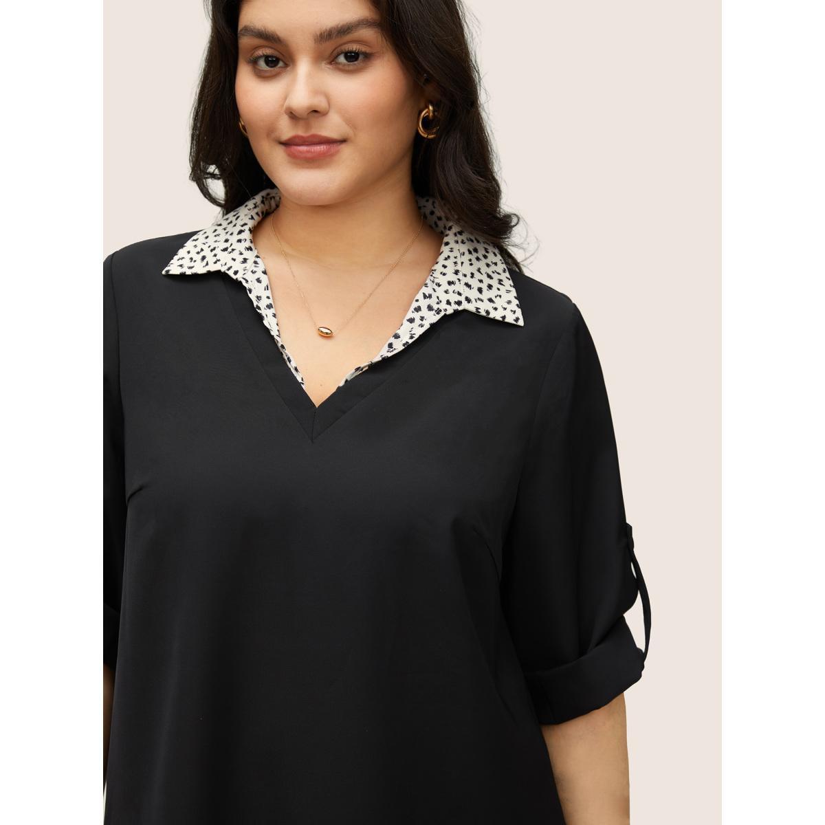 Plus Size Black Static-Free Leopard 2-In-1 Roll Tab Sleeve Blouse Women At the Office Elbow-length sleeve Shirt collar Work Blouses BloomChic 26/4X Product Image