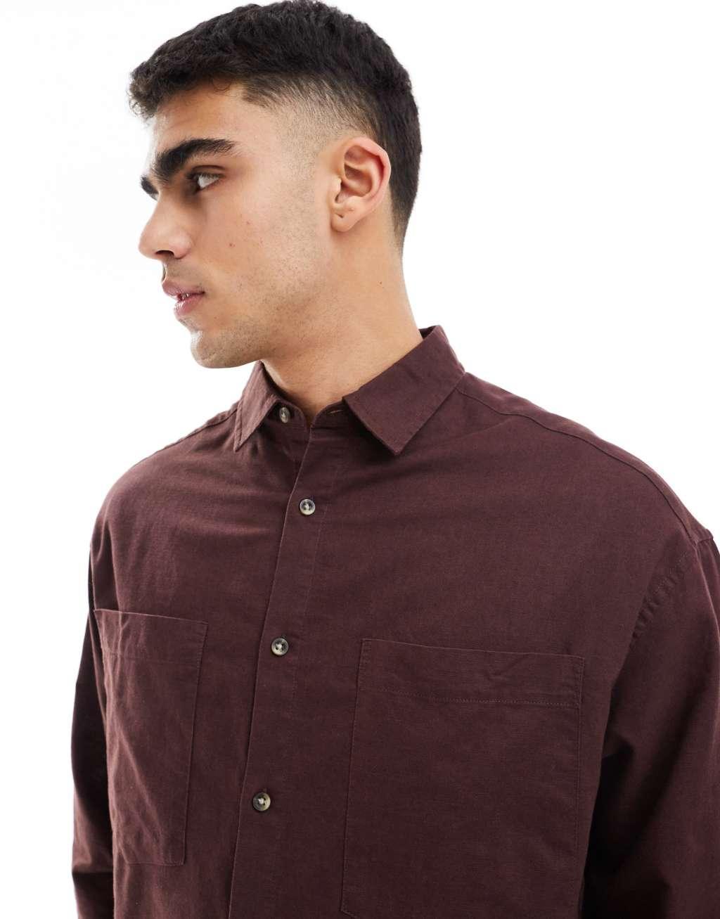 ASOS DESIGN 90s oversized linen blend shirt with square collar in brown Product Image