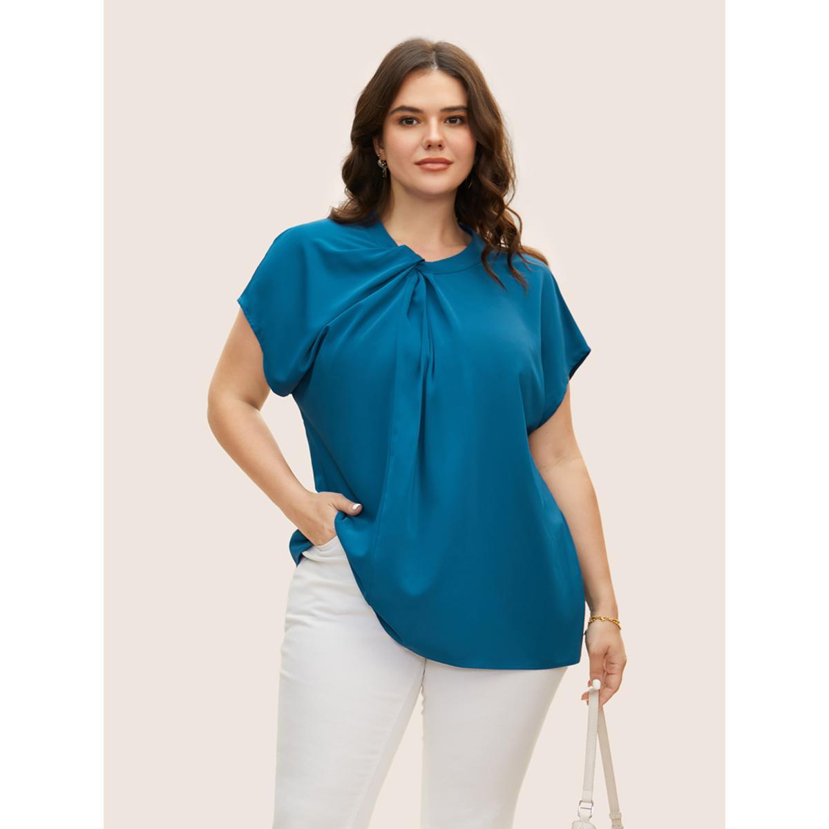 Plus Size Mediumblue Twist Front Pleated Dolman Sleeve Blouse Women At the Office Short sleeve Mock Neck Work Blouses BloomChic 26/4X Product Image