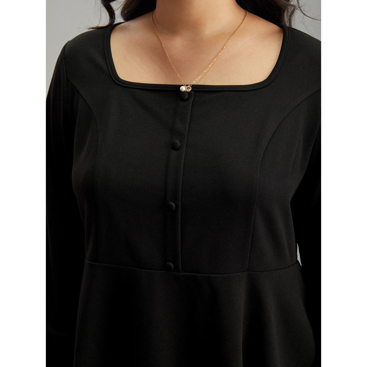 Plus Size Black Plain Laser Cut Button Detail Blouse Women Elegant Long Sleeve Square Neck Dailywear Blouses BloomChic 30/6X Product Image