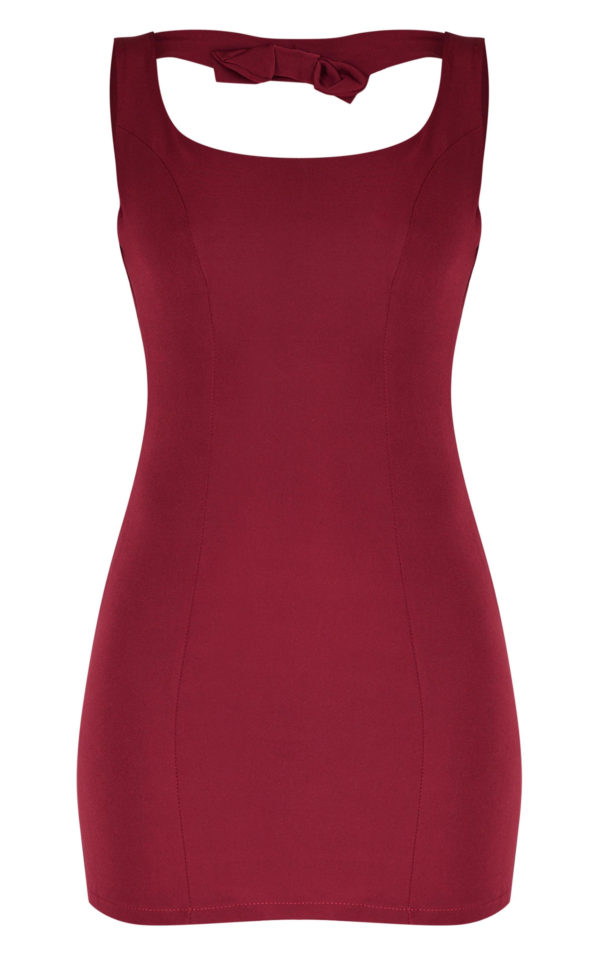  Burgundy Woven Back Bow Detail Mini Dress Product Image