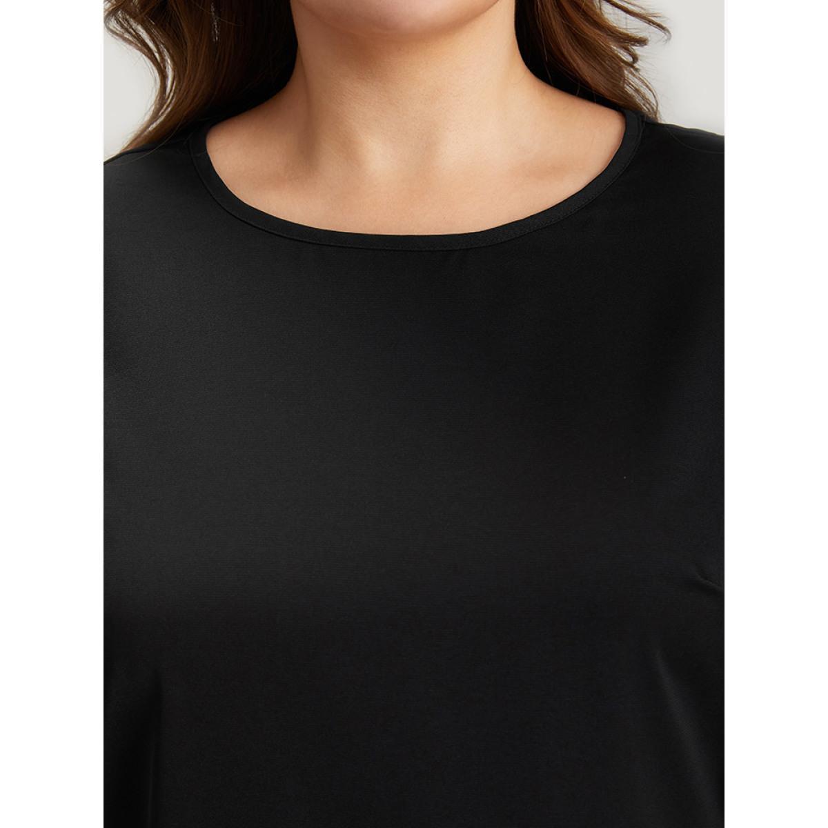 Plus Size Black Solid Crew Neck Ruffle Trim Blouse Women Office Cap Sleeve Round Neck Work Blouses BloomChic 26/4X Product Image