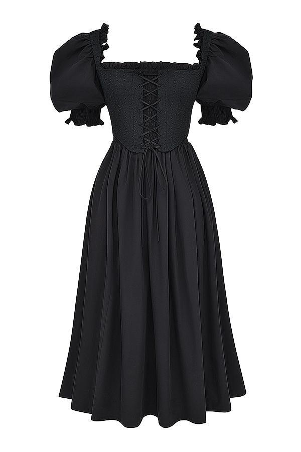 Silvana Black Puff Sleeve Midi Sundress Product Image