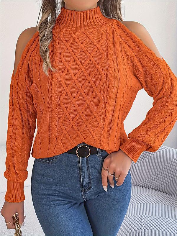 Long Sleeves Loose Hollow Solid Color Cold Shoulder Pullovers Sweater Tops Product Image