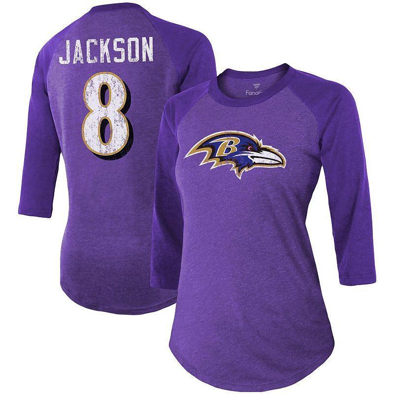 Womens Lamar Jackson Purple Baltimore Ravens Team Player Name Number Tri-Blend Raglan 3/4 Sleeve T-shirt Product Image