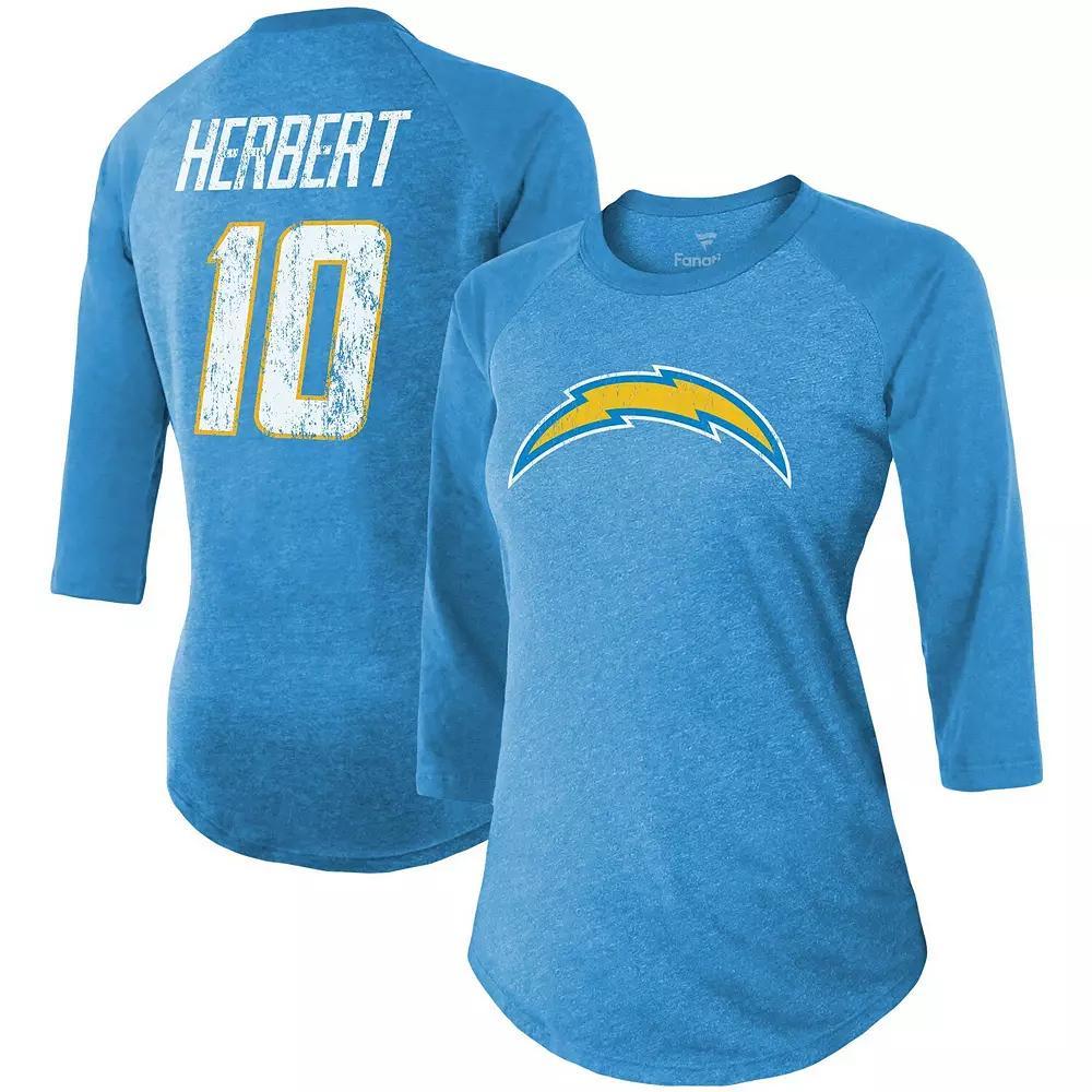 Women's Fanatics Branded Justin Herbert Powder Blue Los Angeles Chargers Team Player Name & Number Raglan 3/4-Sleeve T-Shirt, Size: Medium, Light Product Image