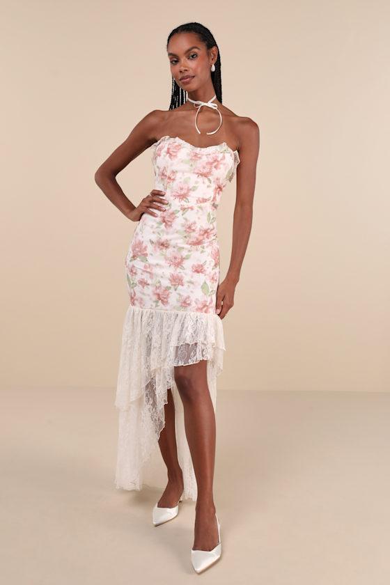 Prettiest Entrance Blush Pink Floral Lace Strapless Maxi Dress Product Image
