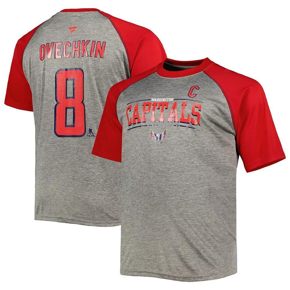 Men's Fanatics Branded Alexander Ovechkin Heather Gray/Red Washington Capitals Big & Tall Captain Patch Contrast Raglan Name & Number T-Shirt, Size: 2XLT, Grey Product Image