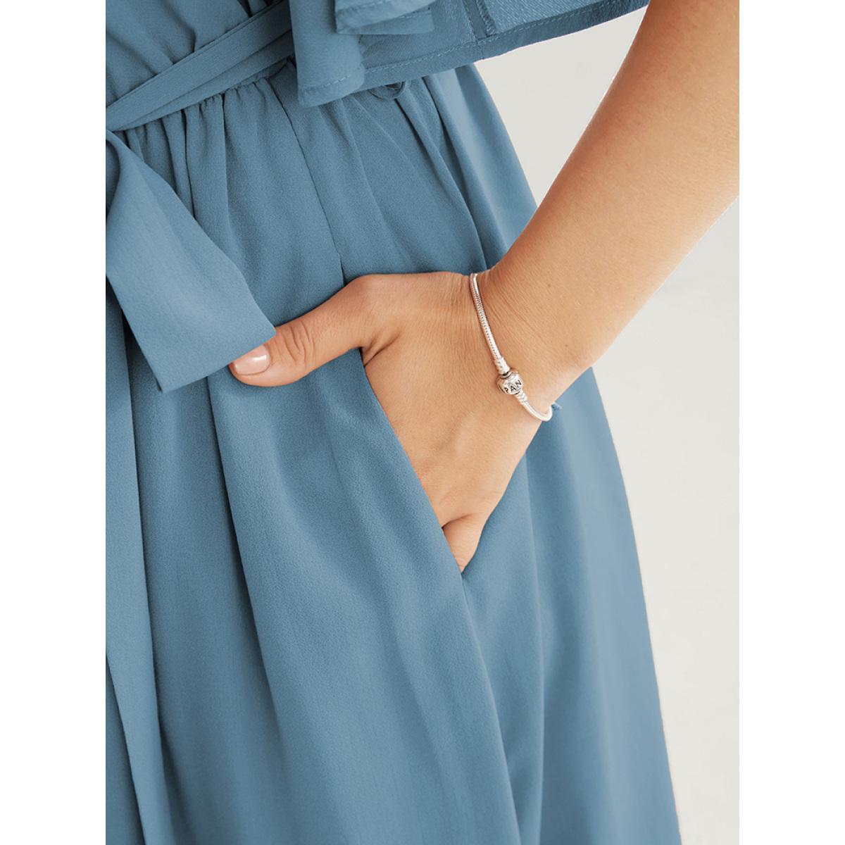 Plus Size Solid Keyhole Round Neck Pocket Belted Flutter Dress Stone Women Office Belted Round Neck Half Sleeve Curvy Midi Dress BloomChic 12/L Product Image