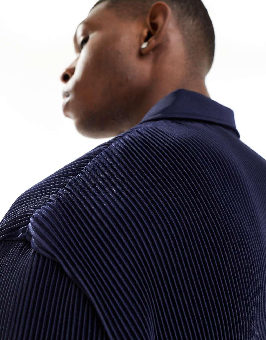 ASOS DESIGN relaxed revere plisse polo in navy Product Image