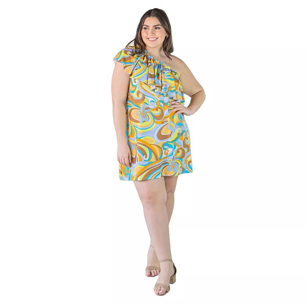 Plus Size 24Seven Comfort Apparel Apparel One Shoulder Ruffle Mini Dress, Women's, Size: 3XL, Brown Team Product Image