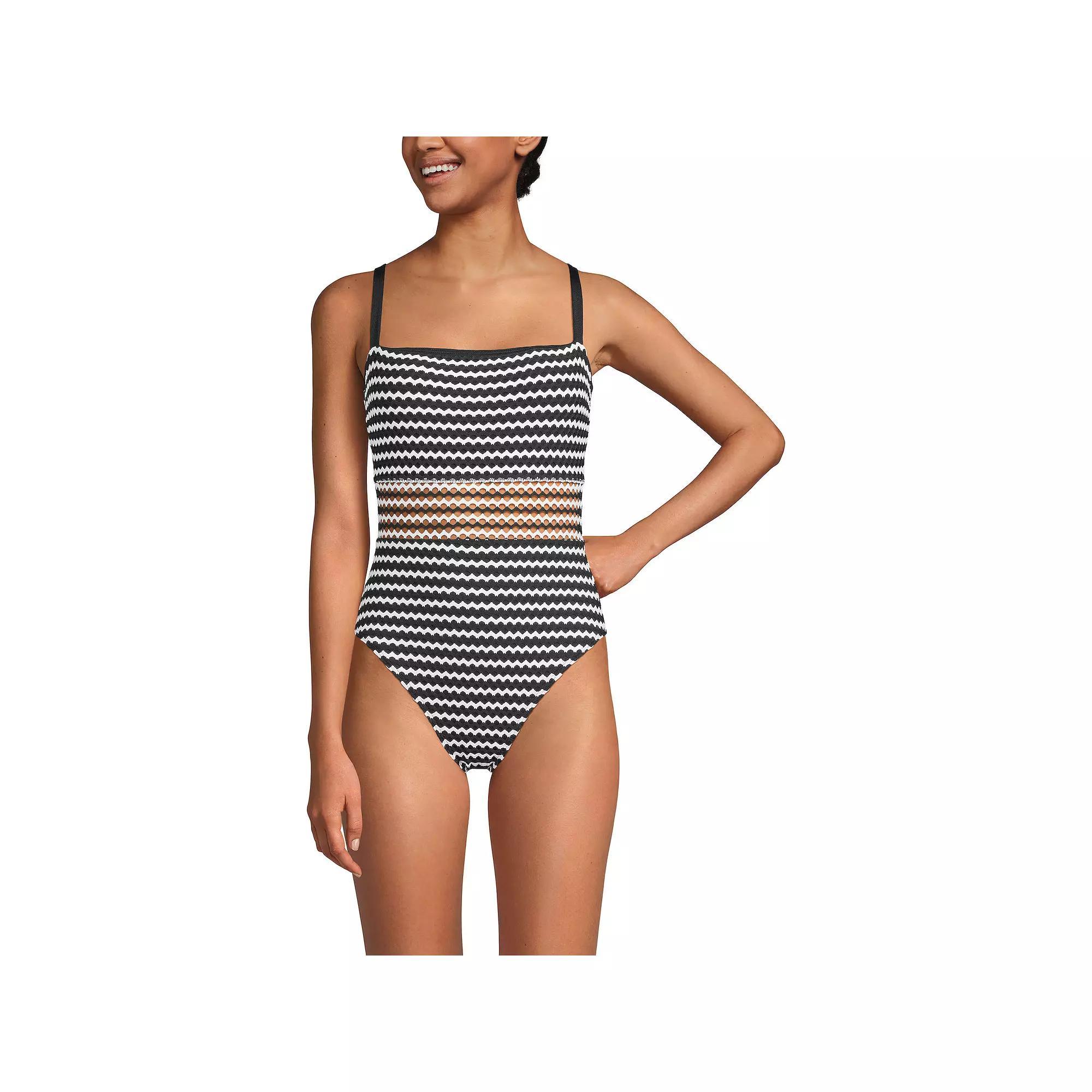 Women's Lands' End Crochet Square Neck High Leg One-Piece Swimsuit, Size: 4, Black White Product Image