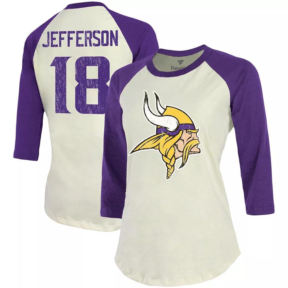 Womens Fanatics Branded Justin Jefferson Cream/Purple Minnesota Vikings Player Raglan Name & Number 3/4-Sleeve T-Shirt Product Image