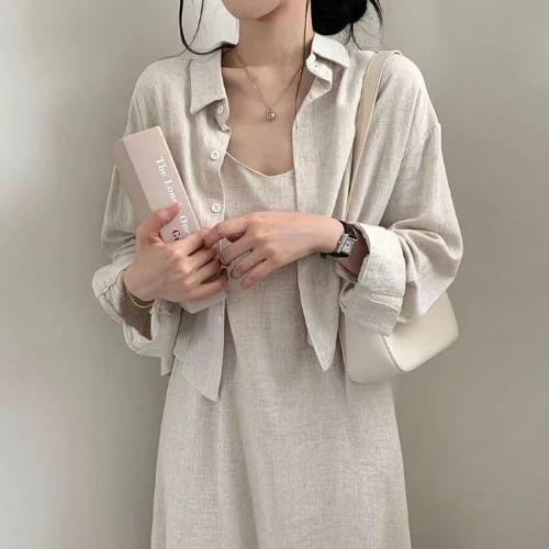 Set: Plain Linen Slipdress + Long Sleeve Plain Shirt Product Image