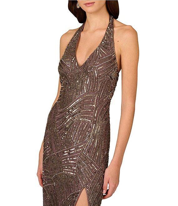 Aidan Mattox Beaded Mesh Halter Neck Sleeveless Front Slit Column Dress Product Image
