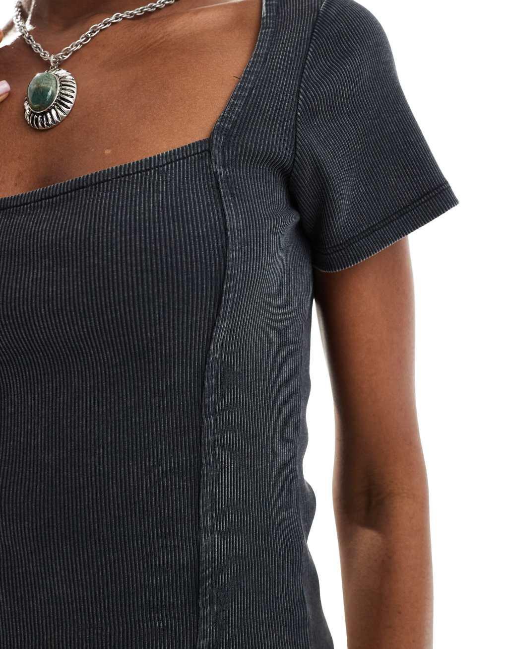 Monki square neck paneled top in washed black Product Image