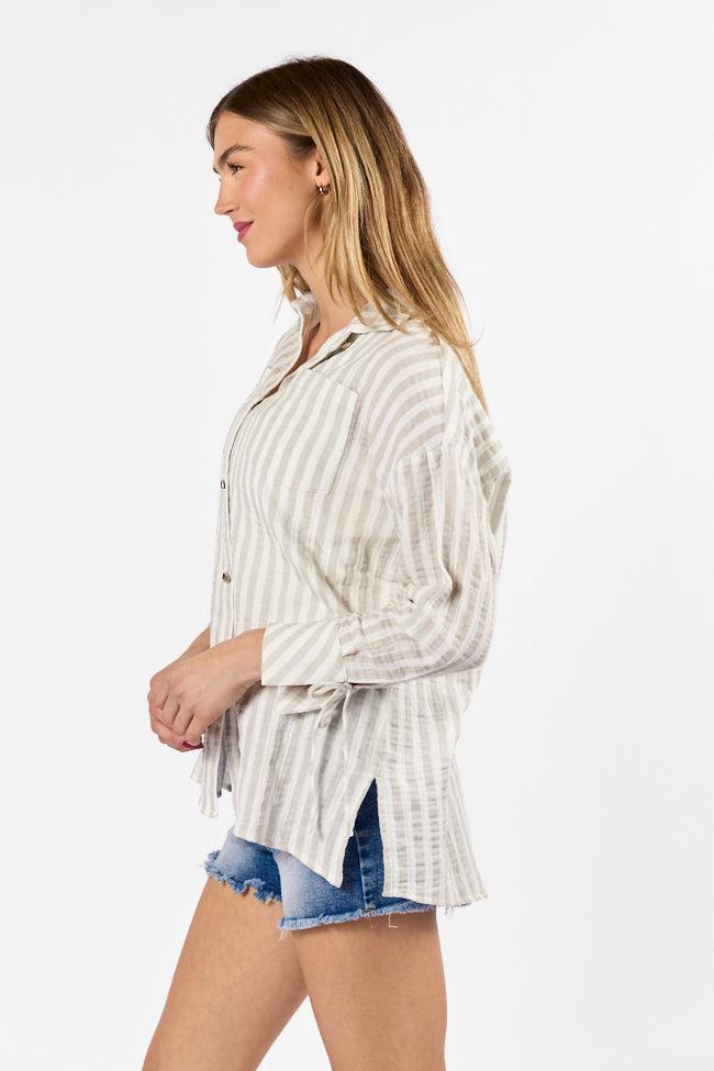 Cruel Summer Tan and Ivory Striped Gauze Button Down Top SALE Product Image