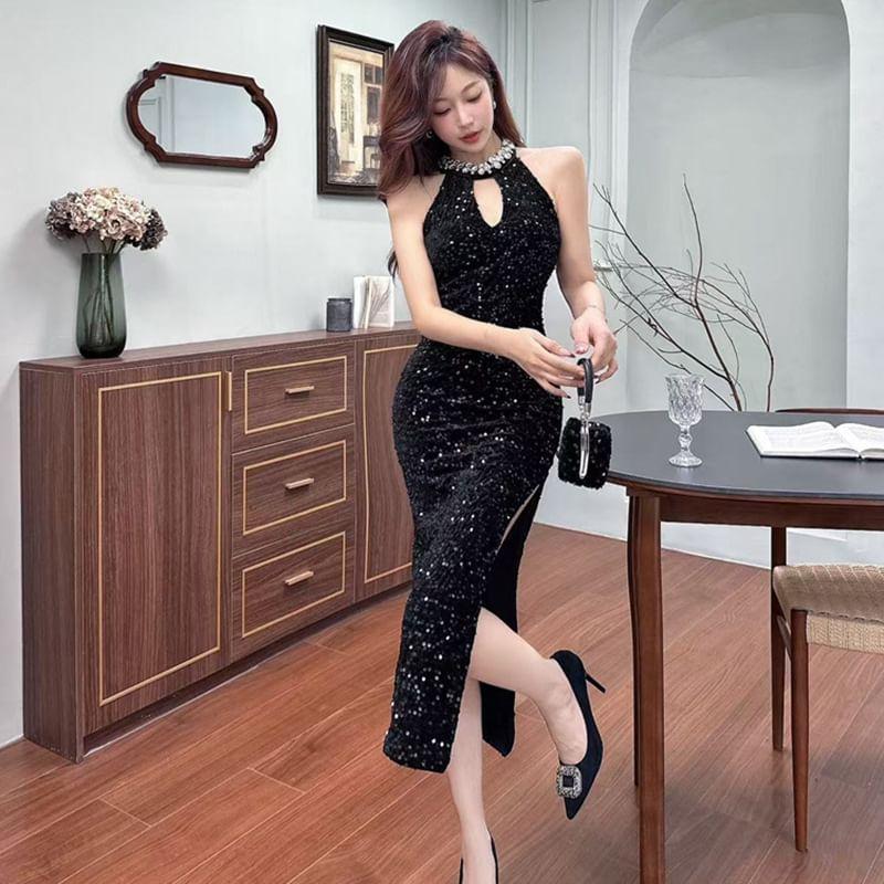 Halter Neck Rhinestone Sequin Slit Midi Bodycon Dress Product Image