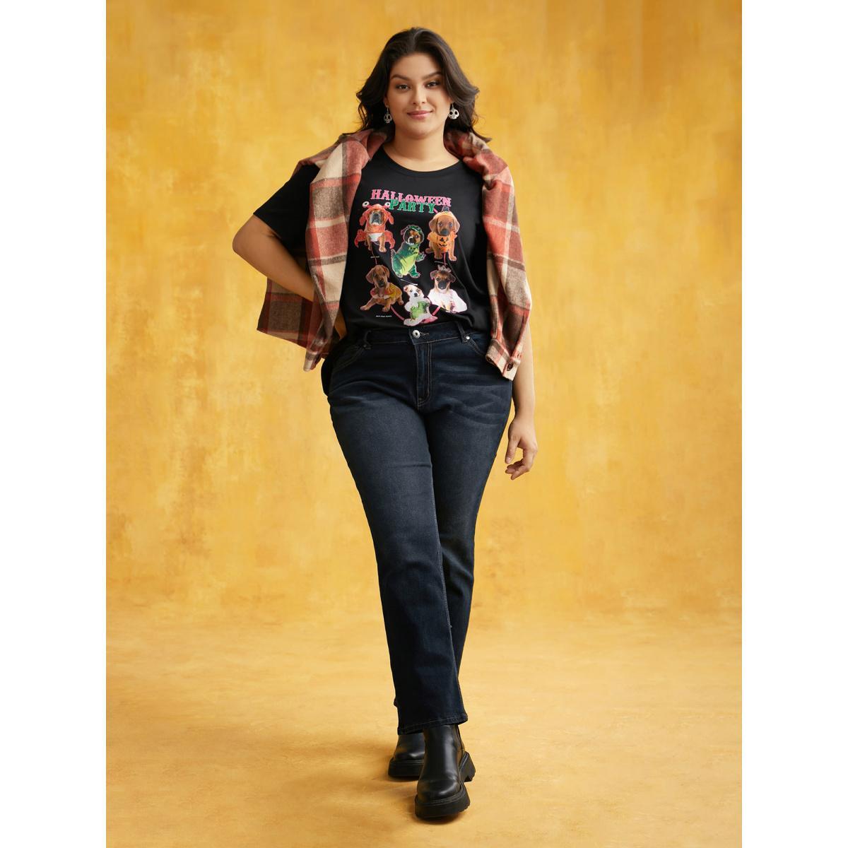 Plus Size Party Puppies Printed Slim-Fit T-shirt Black Women Casual Non Animals Round Neck Everyday T-shirts BloomChic 12/L Product Image