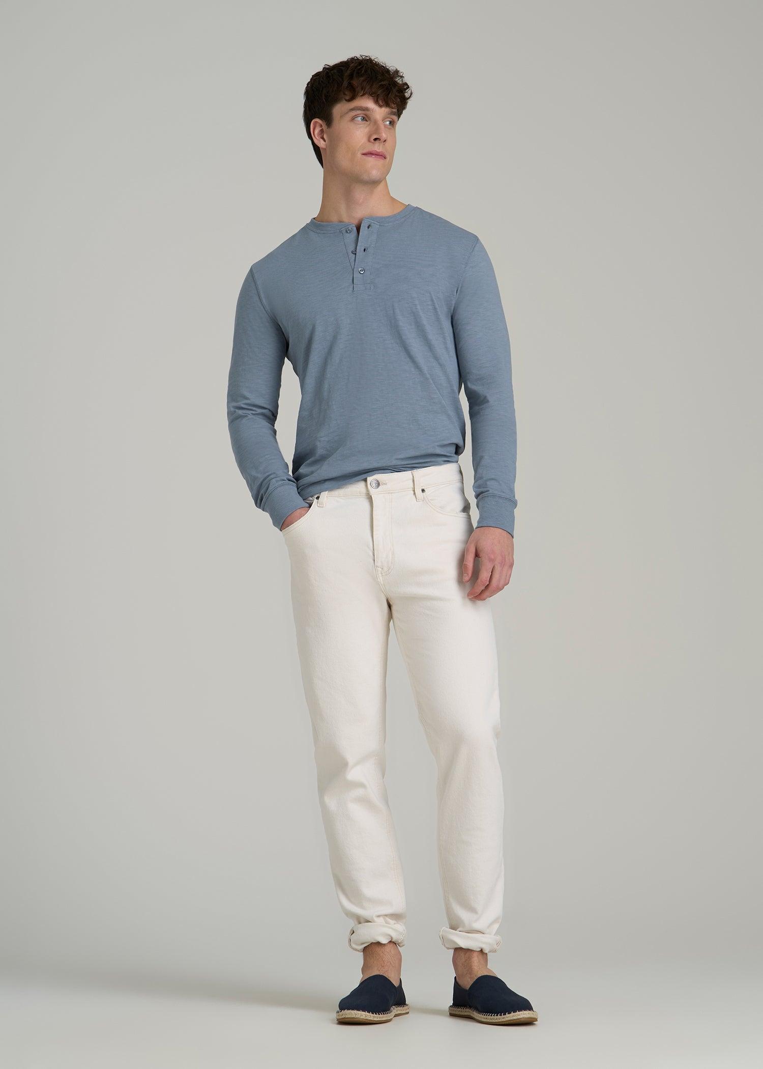 Three-Button Long Sleeve Slub Henley for Tall Men in Chambray Male Product Image
