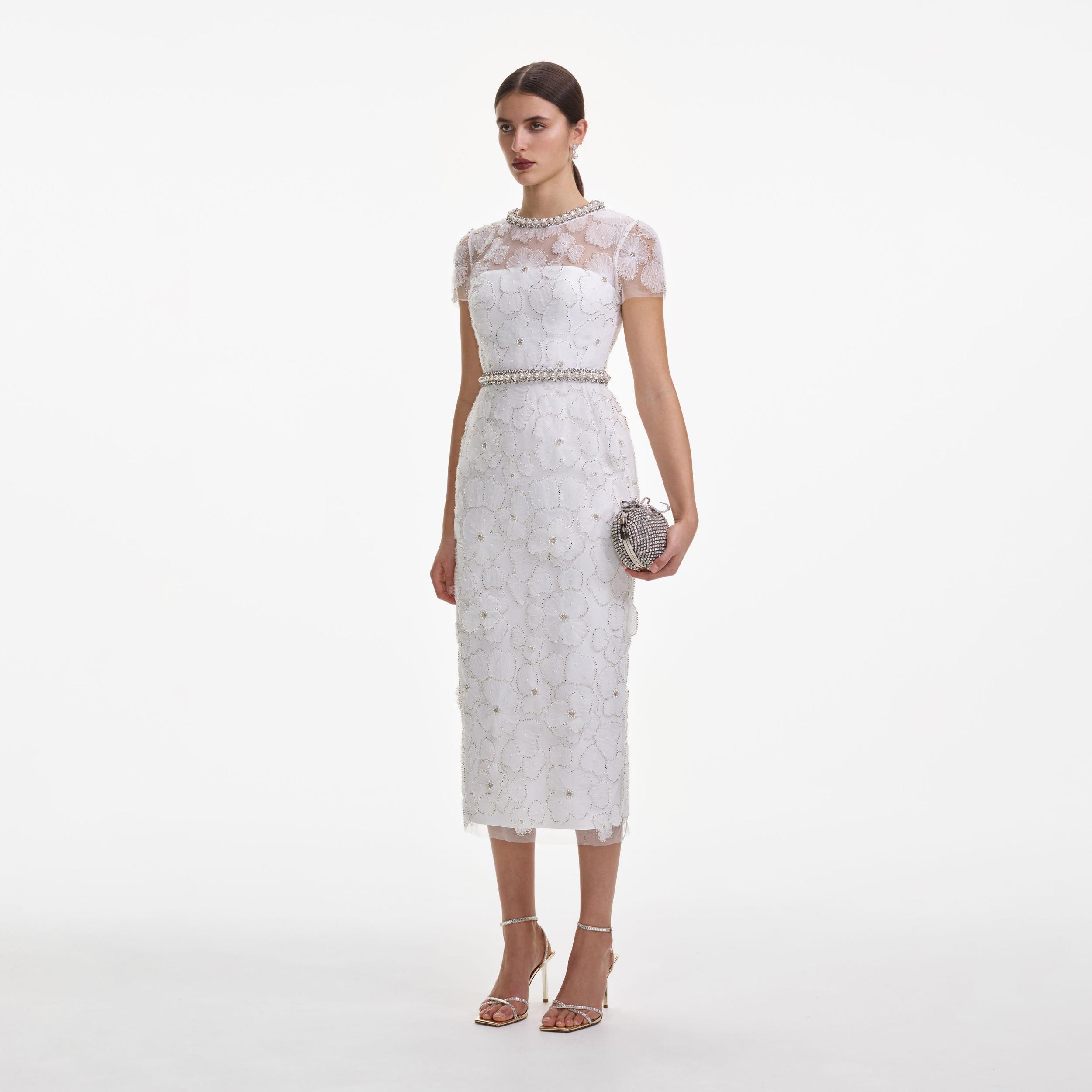 White Embellished Tulle Midi Dress Product Image