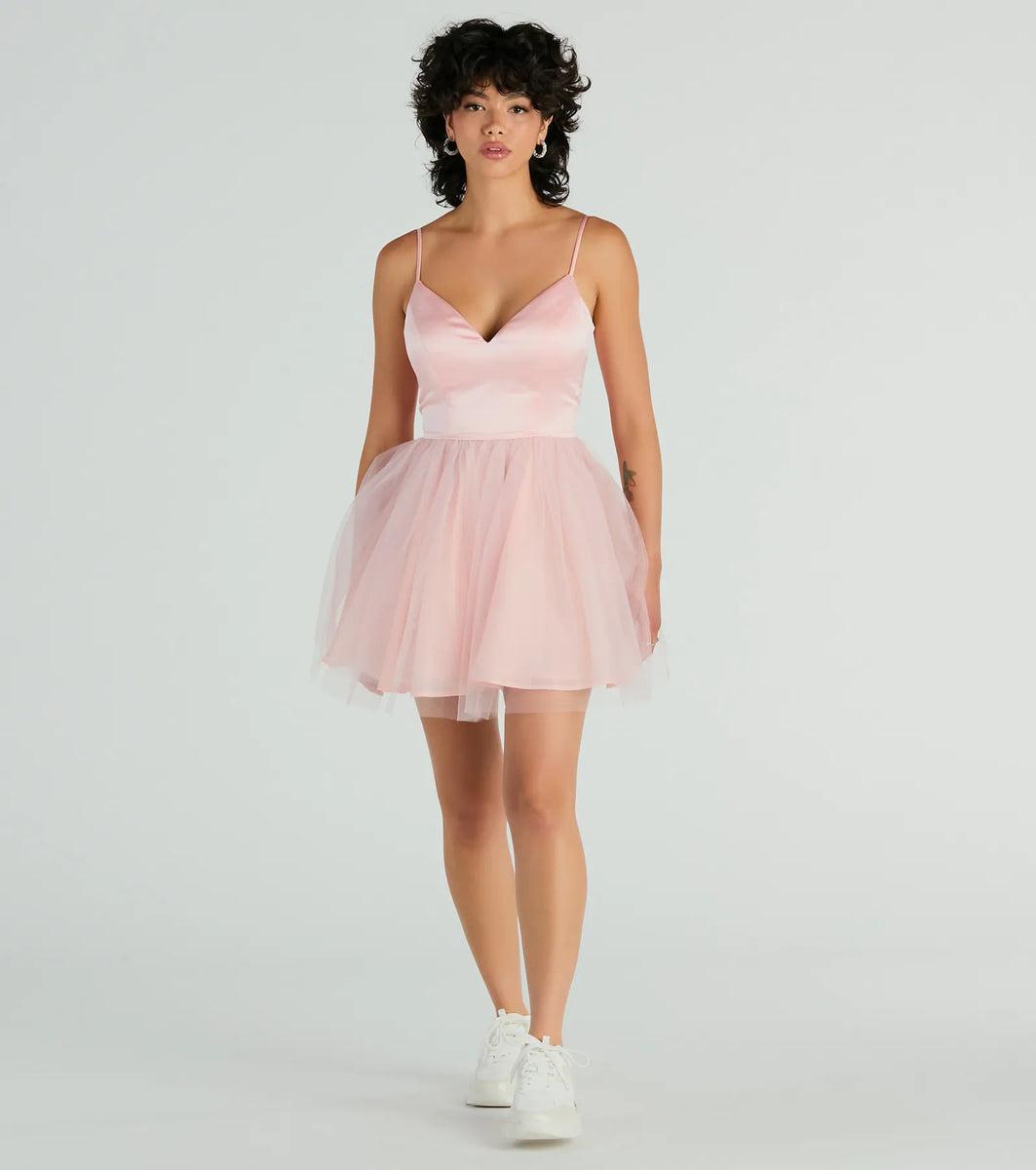 Edith V-Neck A-Line Satin Tulle Party Dress Product Image