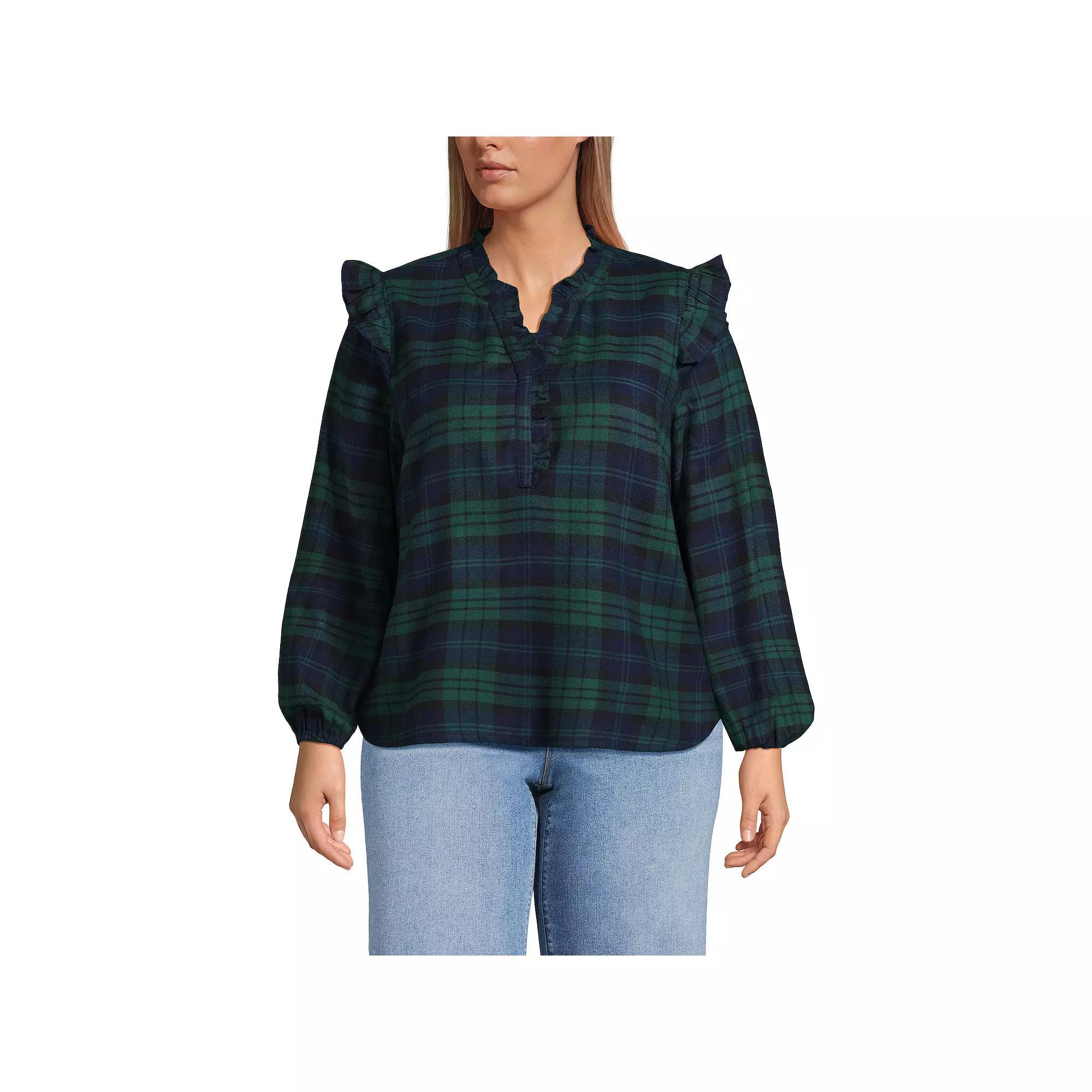Plus Size Lands' End Ruffle Front Flannel Popover Blouse, Women's, Size: 1XL, Ivory Portobello Product Image