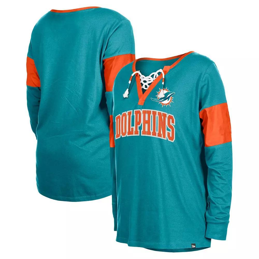 Women's New Era Aqua Miami Dolphins Lace-Up Notch-Neck Long Sleeve T-Shirt,  Product Image