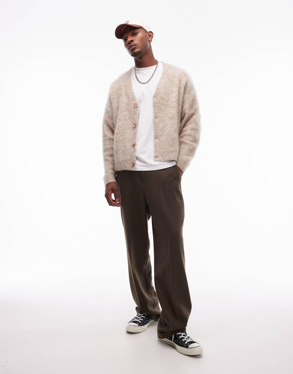 Topman relaxed fit heavily brushed cardigan in oatmeal Product Image