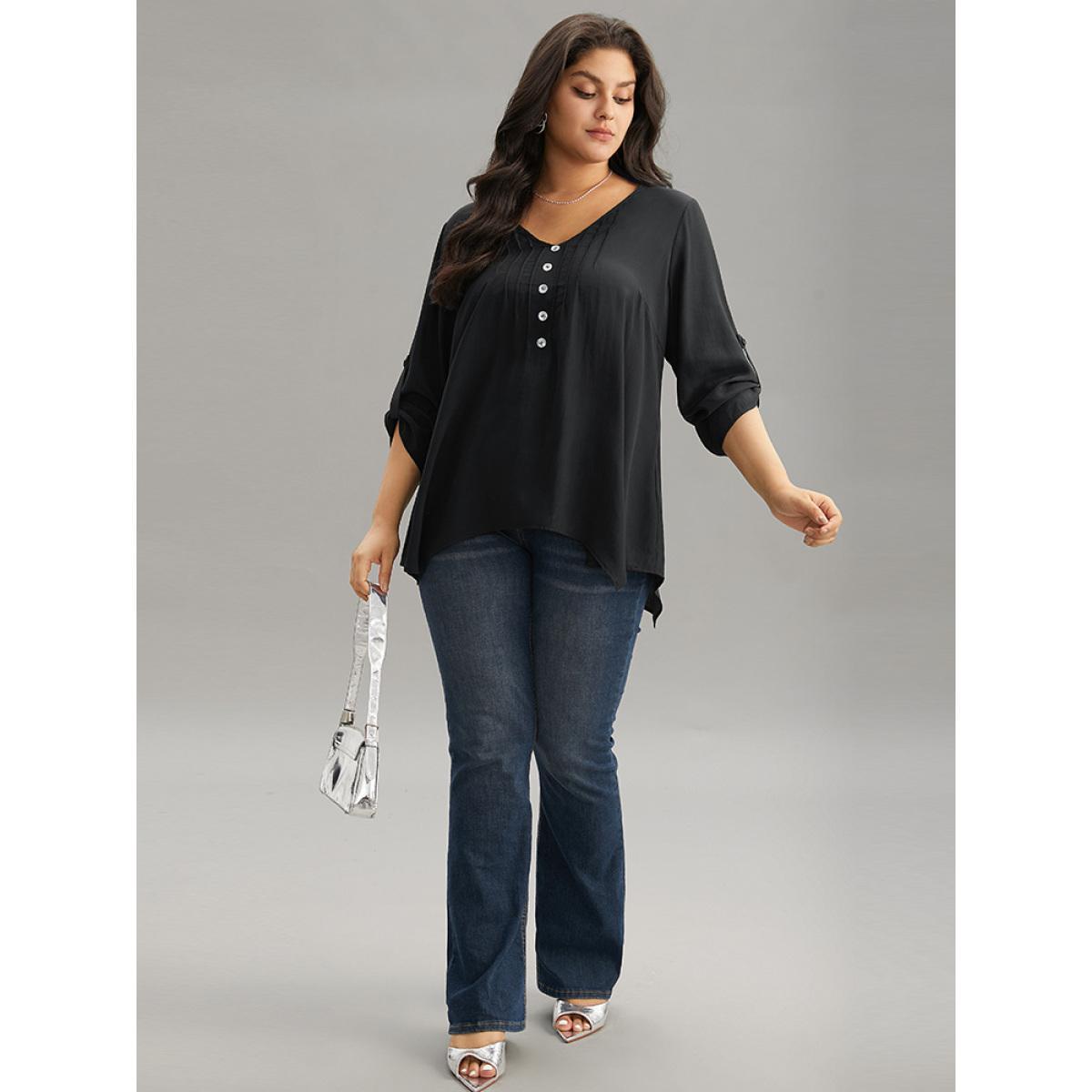 Plus Size Black Solid Button Detail Pleated Hanky Hem Blouse Women Office Elbow-length sleeve V-neck Work Blouses BloomChic 22-24/3X Product Image