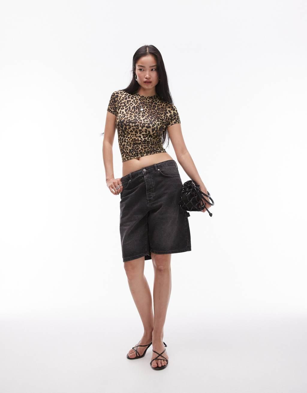 Topshop leopard print microfiber t-shirt in brown  Product Image