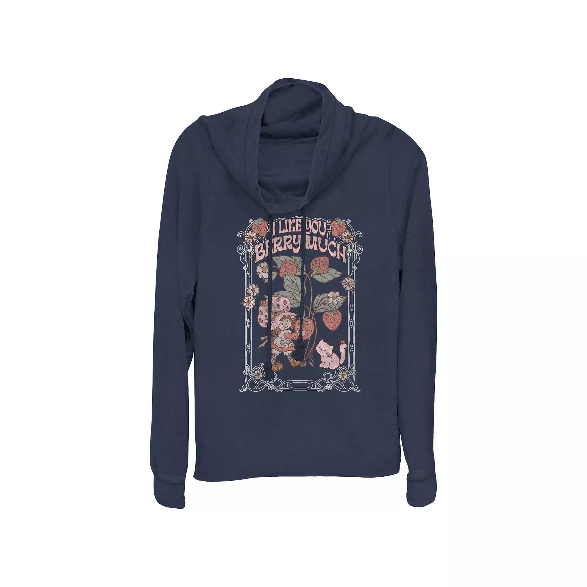 Women's Strawberry Shortcake I Like You Berry Much Cowlneck Graphic Lightweight Long Sleeve, Girl's, Size: XS, Blue Product Image