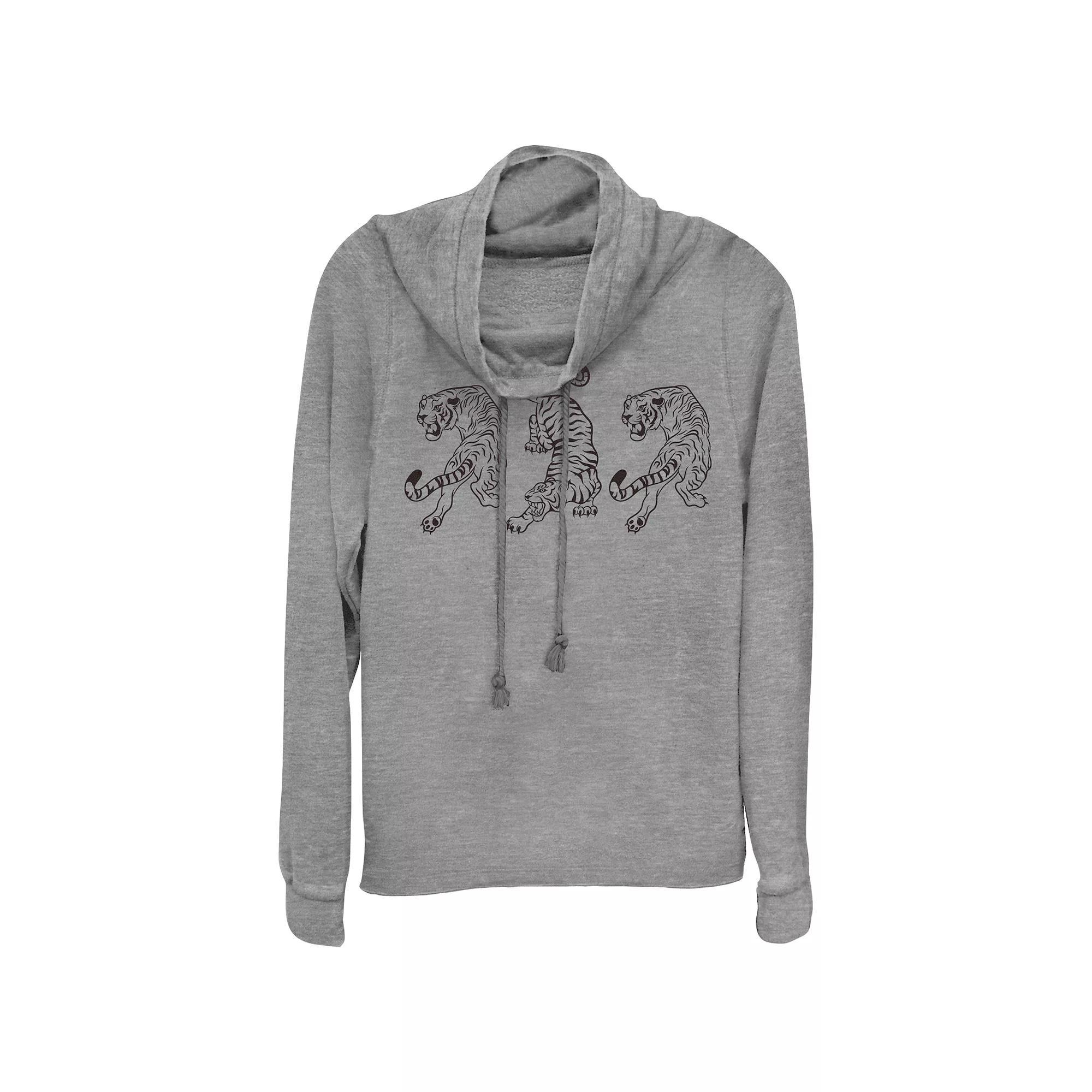 Women's Three Tigers Roaring Cowlneck Graphic Lightweight Long Sleeve, Girl's, Size: XL, Gray Grey Product Image